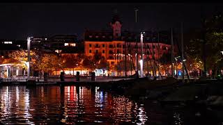 Panoramic View of Ouchy Night Lausanne Лозанна Швейцария Причалы Vaud evening [upl. by Javier]