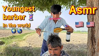 Asmr youngest barber in the world 🌎 haircut and head massage  Youngest barber fast [upl. by Anot400]