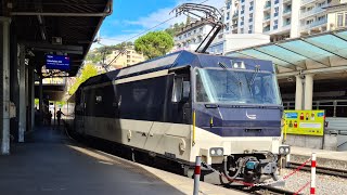 départ dune rame Goldenpass Express tractée par la Ge 44 8002 du MOB à Montreux [upl. by Sukcirdor]