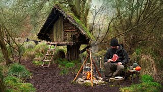 Building wood survival shelter in wildlands  Bushcraft amp Campfire grilled meat [upl. by Lionello485]