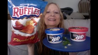 Ruffles Flamin Hot potato chips review Dip Ideas eat snacks [upl. by Yerdua]