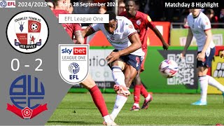 Crawley Town 02 Bolton Wanderers Matchday 8 202425 EFL League One Highlight [upl. by Nolly]