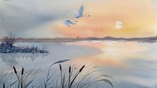 SUNSET MARSHLAND Reflections Beautiful Beginners Watercolor Landscape Painting Tutorial Watercolour [upl. by Rennane]