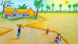 হেমন্তকালের দৃশ্য আকাঁ  Hemanta kaler drisso aka  Lautumn Scenery drawing  গ্রামের দৃশ্য আকাঁ [upl. by Pich]