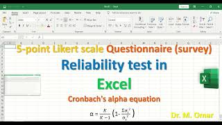 5 point Likert scale Questionnaire survey Reliability test in Excel using Cronbachs alpha equation [upl. by Nanor]