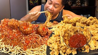 CRISPY amp JUICY FRIED CHICKEN CHEDDAR CHEESE MEATBALLS SPAGHETTI Filipino Food Mukbang [upl. by Eneirda]