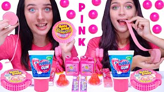 ASMR Pink One Color Food Mukbang Hubba Bubba Race Jelly Straws Bubble Gum [upl. by Waters]