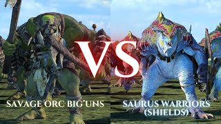 WARHAMMER III Total War  Savage Orc BigUns VS Saurus Warriors Shields [upl. by Enimaj]