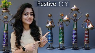 DIY Rajasthani Kalbelia inspired Candle Holders From Waste Materials  Colourful Crafts for Diwali [upl. by Linnell]