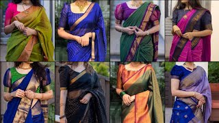 Silk Sarees With Puff Sleeve Blouse Designs😍Simple Festive Wear Silk SareesWith Contrast Blouses❤️ [upl. by Maryn504]