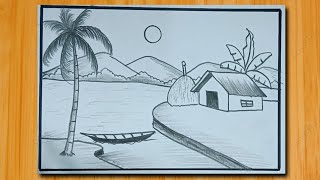 gramer drisso drawing  village house scenery easy and simple scenery drawing for beginners [upl. by Betty520]