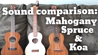 Comparing ukulele tonewoods Mahogany Spruce and Koa sound comparison [upl. by Burnside]