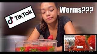 Testing the TIKTOK Strawberry WORMS Hack  Putting Strawberries in Salt Water [upl. by Renrag]