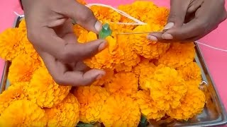 How to string marigold garland l function decoration ideas with marigold flowers lvillageskills [upl. by Selestina]