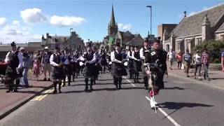 Parade through Forres in Moray Scotland by Forres Pipe Band to Highland Games July 2018 [upl. by Athallia103]