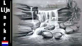 WATERVAL voor beginners Houtskool potlood tekening [upl. by Gadmon]