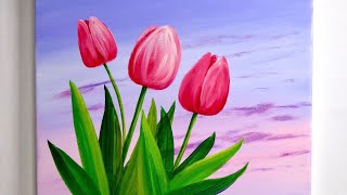 Easiest Way to Draw Tulip Flower  Acrylic Painting for beginner [upl. by Cohl]