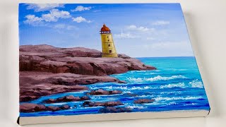 Seascape Acrylic Painting  sea Painting Lighthouse  Painting for Beginners [upl. by Elletnwahs]