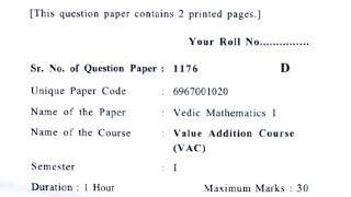 Vedic Mathematics 1 Value Addition Course VAC Question Paper pyq vedicmaths duexam [upl. by Yung822]