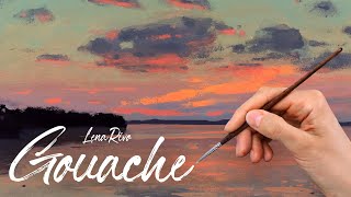 Painting Landscape with Gouache  Evening at the lake  Gouache painting demo [upl. by Ketchan553]