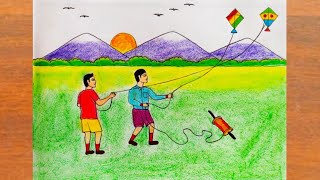 Makar Sankranti Special Drawing  How to Draw Kite flying Scenery Easy step by step  Kite Drawing [upl. by Schwarz]