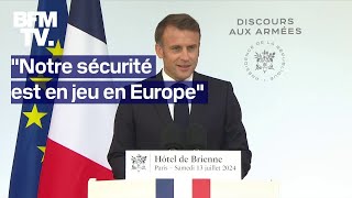 Emmanuel Macron a tenu son discours aux Armées à lHôtel de Brienne ce samedi 13 juillet 2024 [upl. by Oninrutas]