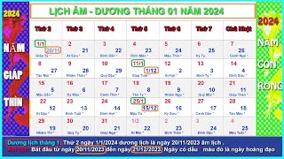 Lịch âm dương tháng 1 năm 2024  Lịch vạn niên tháng 12024 Giáp Thìn [upl. by Smart]