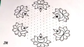 179 dots rangolisimple flowers and deepam rangolieasy chukkala mugguBY JM CREATIONS [upl. by Bondy650]