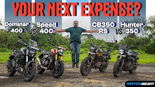 Triumph Speed 400 vs Honda CB350 RS vs Bajaj Dominar 400 vs Royal Enfield Hunter 350  MotorBeam [upl. by Ragse669]