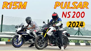 Bajaj Pulsar NS200 vs Yamaha R15M  Drag Race  TopEnd Test shocking results  value for money [upl. by Ardnosal]