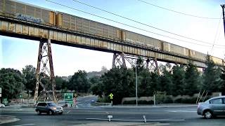 HD BNSF Eastbound Autoracks on the Trestle in Martinez Oct 14 2017 [upl. by Ahsienyt]