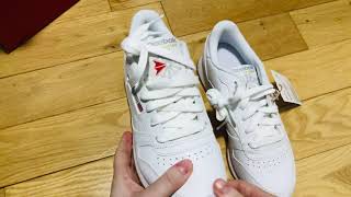 ASMR Reebok Classic Leather Womens Shoes Unboxing Whispered [upl. by Gerrilee]