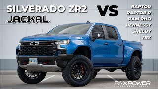 Silverado ZR2 Jackal Compared to Raptor R Ram RHO  TRX Shelby and Hennessey [upl. by Latrice503]