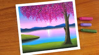 Oil Pastel Spring Scenery Painting for beginners  Oil Pastel Drawing Cherry Blossom [upl. by Aneral]