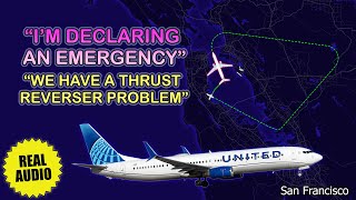 Thrust reverser problem after takeoff United Boeing 737 returns to San Francisco Airport Real ATC [upl. by Anahsek]