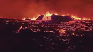 DRONE Iceland volcano eruption creates haunting fiery landscape [upl. by Vierno]