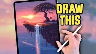 PROCREATE Landscape DRAWING Tutorial in Easy STEPS  Waterfall Tree Sunset [upl. by Afrika]