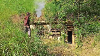 Building Abandoned Underground Bushcraft Shelter for Survival Clay Fireplace Fishing HUGE Carp [upl. by Miguela445]