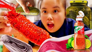 PICKLES WRAPPED IN A FRUIT ROLL UP WITH TAJIN  CHAMOY VIRAL TIK TOK FOOD MUKBANG 먹방 EATING SHOW [upl. by Nuncia]