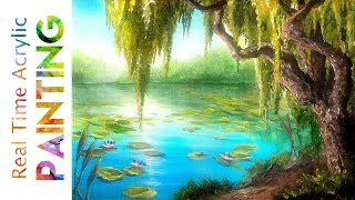 Painting a Weeping Willow Pond Landscape in Real Time with Acrylics [upl. by Petey581]