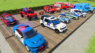 TRANSPORTING CARS AMBULANCE FIRE TRUCK POLICE CARS OF COLORS WITHTRUCKS  FARMING SIMULATOR 22 [upl. by Almund]