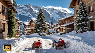 Mürren Switzerland 🇨🇭🎄A Breathtaking Sunny Day in Mürren Switzerlands Snow Paradise 8K ❄️ [upl. by Ettedualc276]