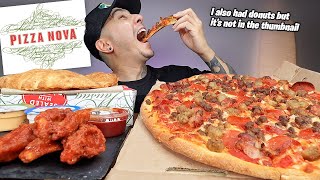 MUKBANG EATING Pizza Nova Meat Supreme Pizza Loaded Panzerotti Buffalo Wings Donuts [upl. by Nalda835]