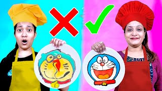 Pancake Art Challenge 🦄Who Draws it better 🎨 Doraemon  Unicorn  Pizza Pancakes 🥞  Cute Sisters [upl. by Ursal]