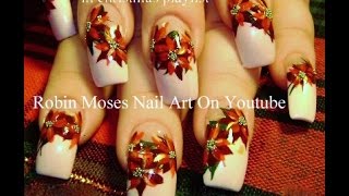 Red Poinsettias  Christmas Nail Art design  Long White French Tip nails [upl. by Annaeel86]