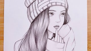 Easy step by step drawing tutorial  A girl wearing a winter hat  Pencil Sketch for beginners [upl. by Lein]