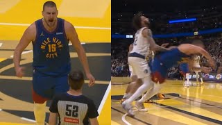 Nikola Jokic gets so heated at ref for saying he flopped after shoved in back [upl. by Eicyac]