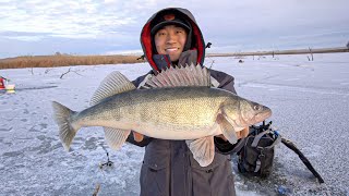 FIRST ICE Walleye Fishing on THIN ICE 3MAN LIMIT [upl. by Eemak]