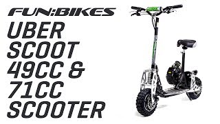 Product Overview Uber Scoot 2x 50cc and 71cc Petrol Scooter Big Wheel Off Road Powerboard [upl. by Zerdna]