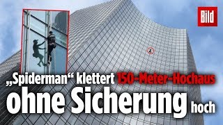 Illegal hochgeklettert „Französischer Spiderman“ Alain Robert erklimmt Hochhaus in Frankfurt [upl. by Petromilli939]